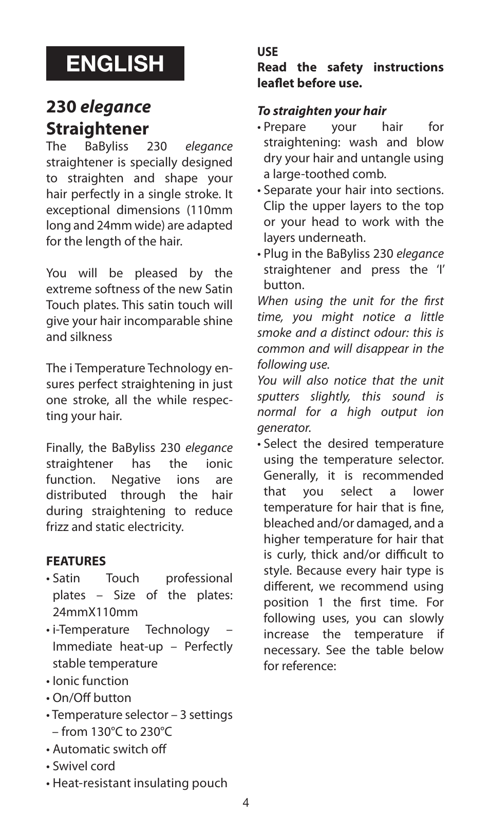 English, 230 elegance straightener | Babyliss ST100E 230 elegance User Manual | Page 4 / 35