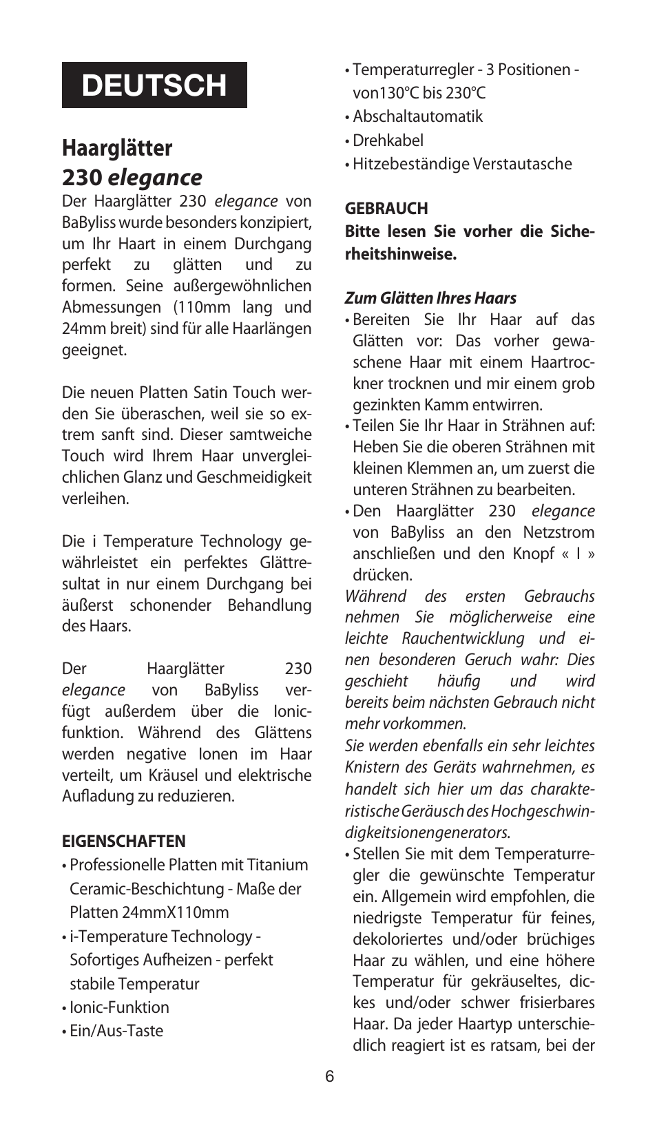 Deutsch, Haarglätter 230 elegance | Babyliss ST100E 230 elegance User Manual | Page 6 / 35