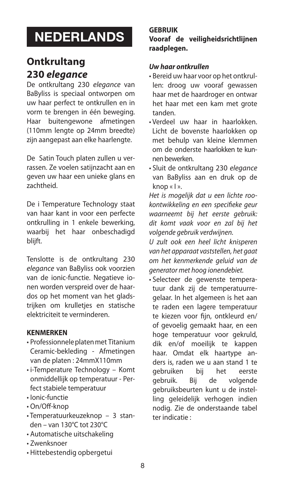 Nederlands, Ontkrultang 230 elegance | Babyliss ST100E 230 elegance User Manual | Page 8 / 35