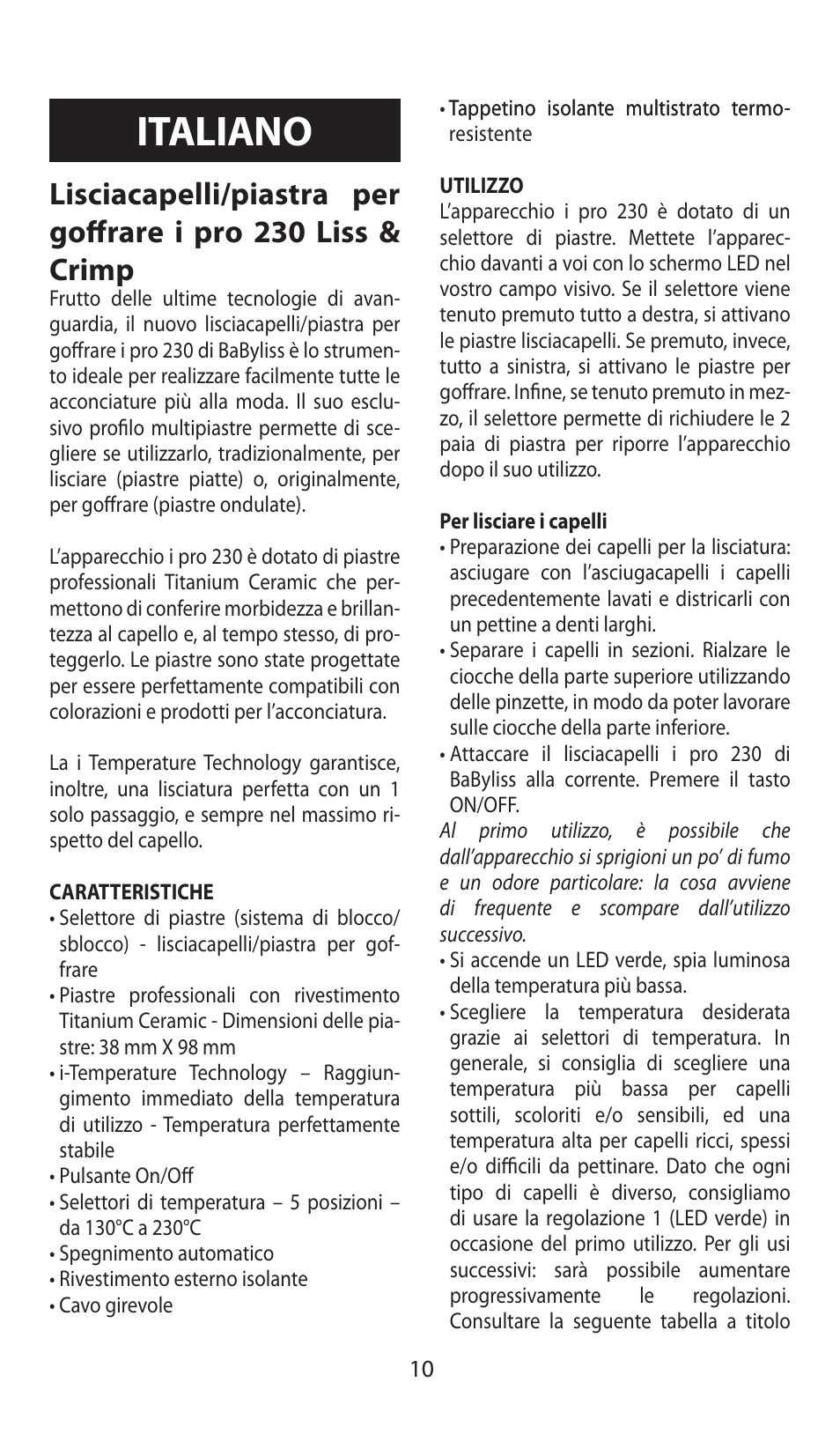 Italiano | Babyliss ST92E iPro 230 Liss & Crimp User Manual | Page 10 / 35