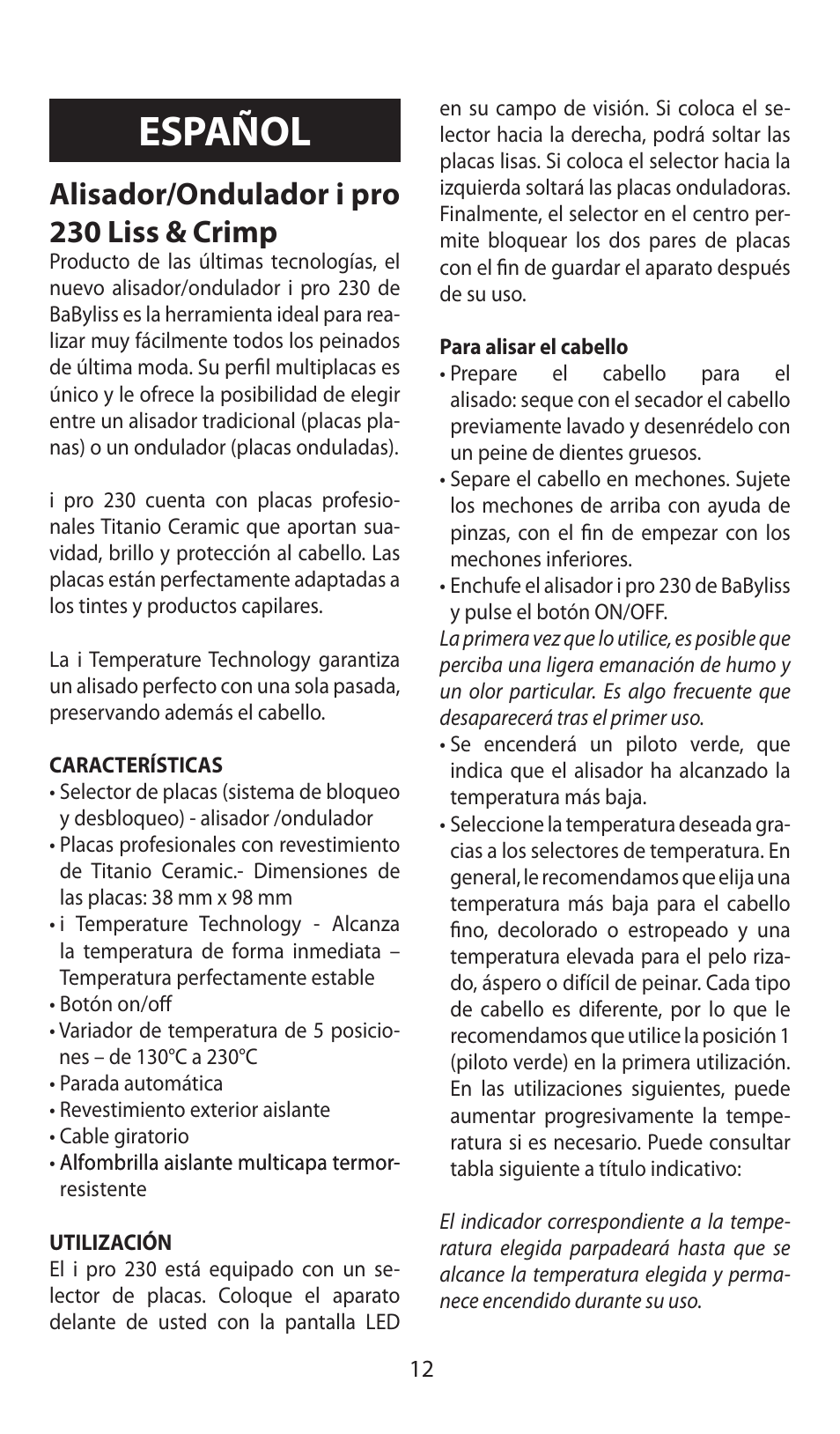 Español, Alisador/ondulador i pro 230 liss & crimp | Babyliss ST92E iPro 230 Liss & Crimp User Manual | Page 12 / 35