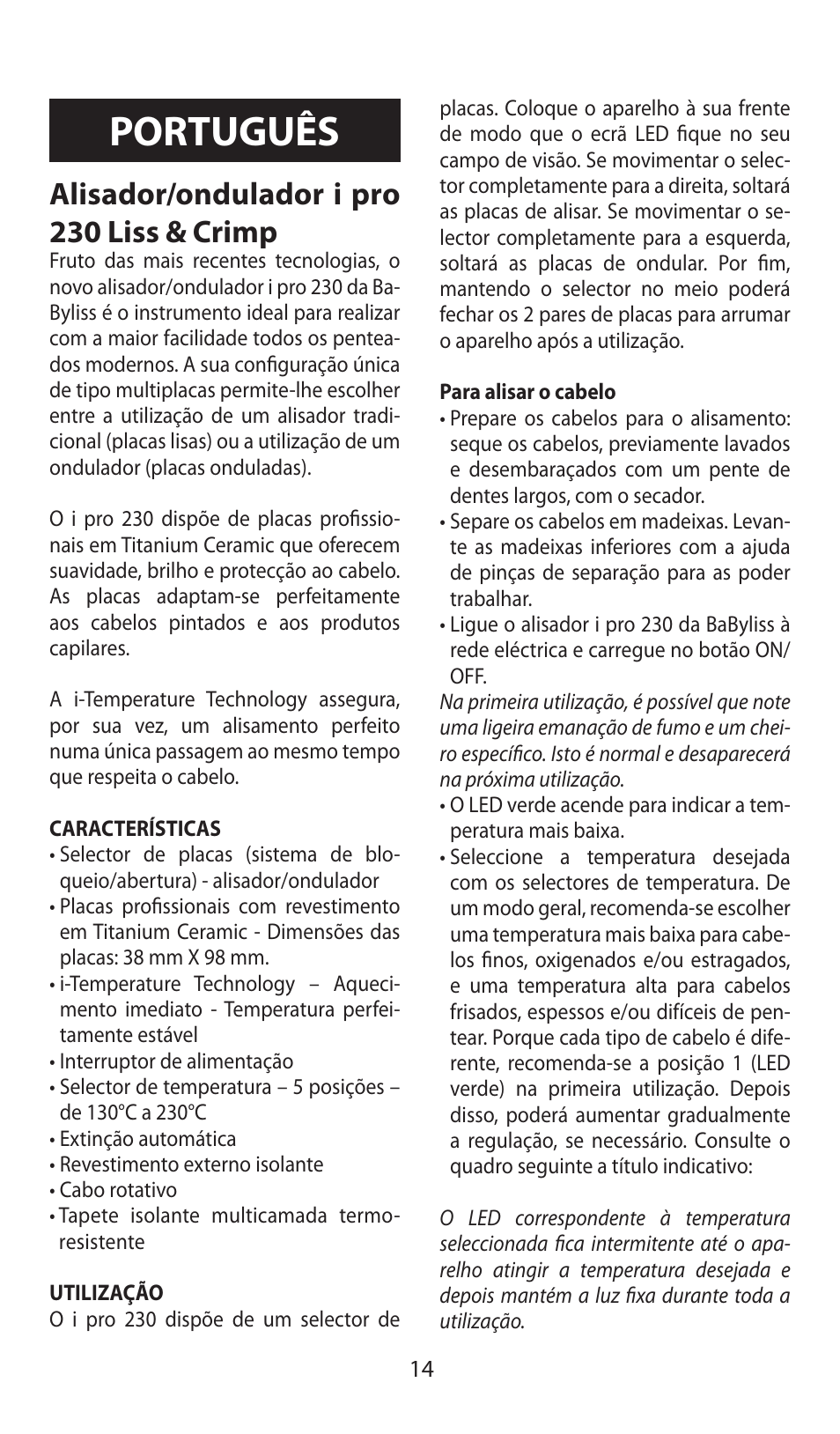 Português, Alisador/ondulador i pro 230 liss & crimp | Babyliss ST92E iPro 230 Liss & Crimp User Manual | Page 14 / 35