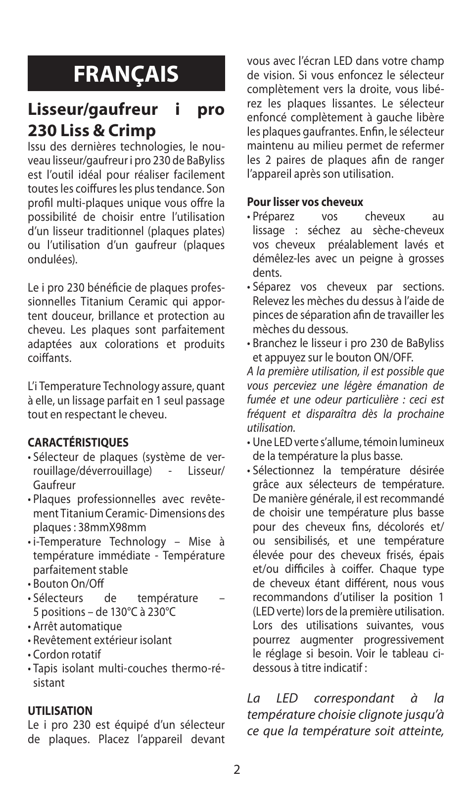 Français, Lisseur/gaufreur i pro 230 liss & crimp | Babyliss ST92E iPro 230 Liss & Crimp User Manual | Page 2 / 35