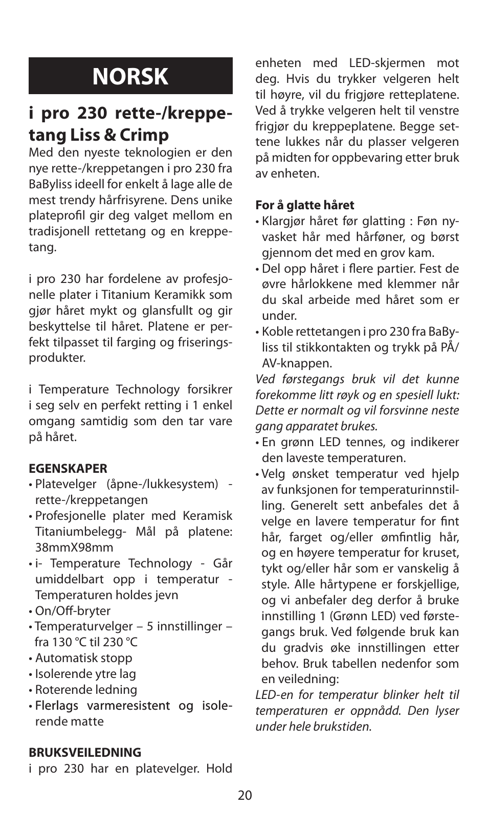 Norsk, I pro 230 rette-/kreppe- tang liss & crimp | Babyliss ST92E iPro 230 Liss & Crimp User Manual | Page 20 / 35