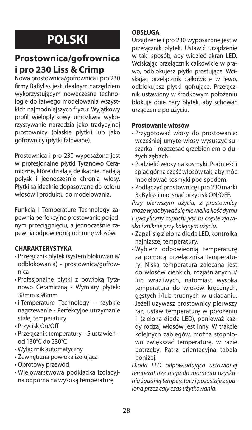 Polski, Prostownica/gofrownica i pro 230 liss & crimp | Babyliss ST92E iPro 230 Liss & Crimp User Manual | Page 28 / 35