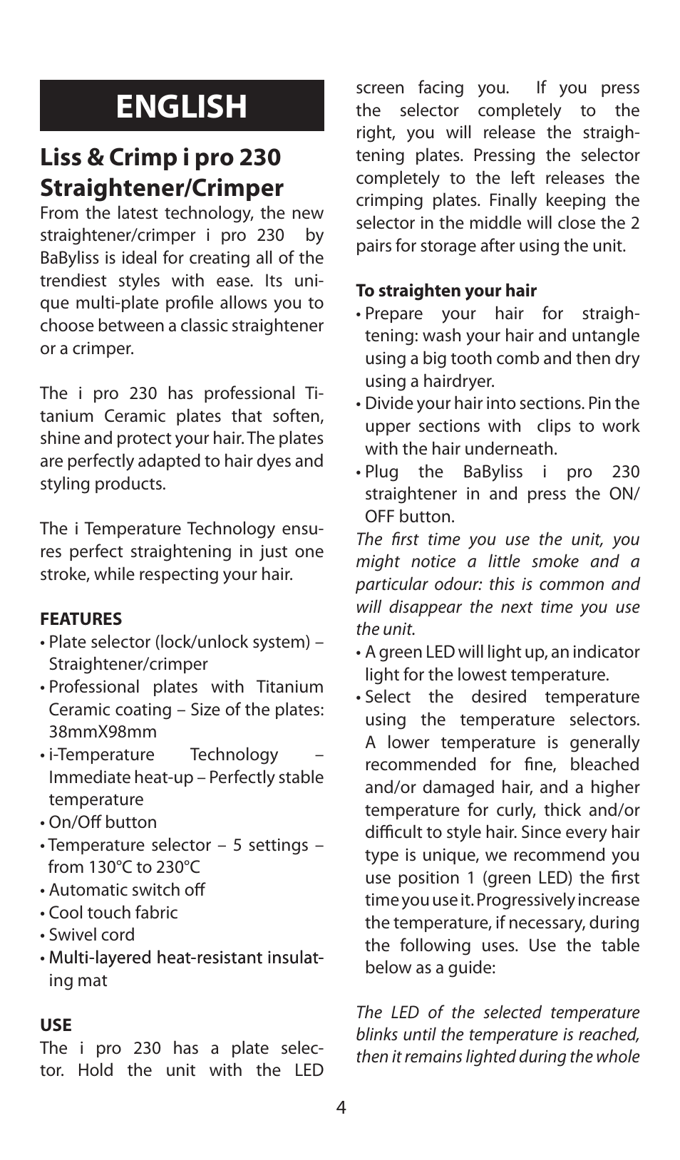 English, Liss & crimp i pro 230 straightener/crimper | Babyliss ST92E iPro 230 Liss & Crimp User Manual | Page 4 / 35
