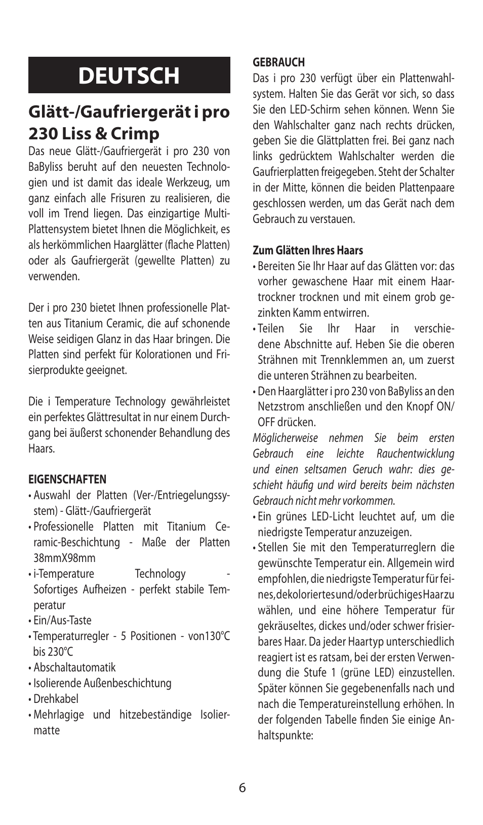 Deutsch, Glätt-/gaufriergerät i pro 230 liss & crimp | Babyliss ST92E iPro 230 Liss & Crimp User Manual | Page 6 / 35