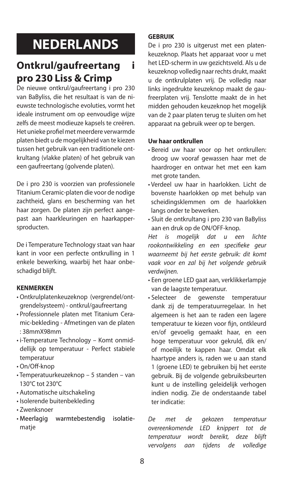 Nederlands, Ontkrul/gaufreertang i pro 230 liss & crimp | Babyliss ST92E iPro 230 Liss & Crimp User Manual | Page 8 / 35