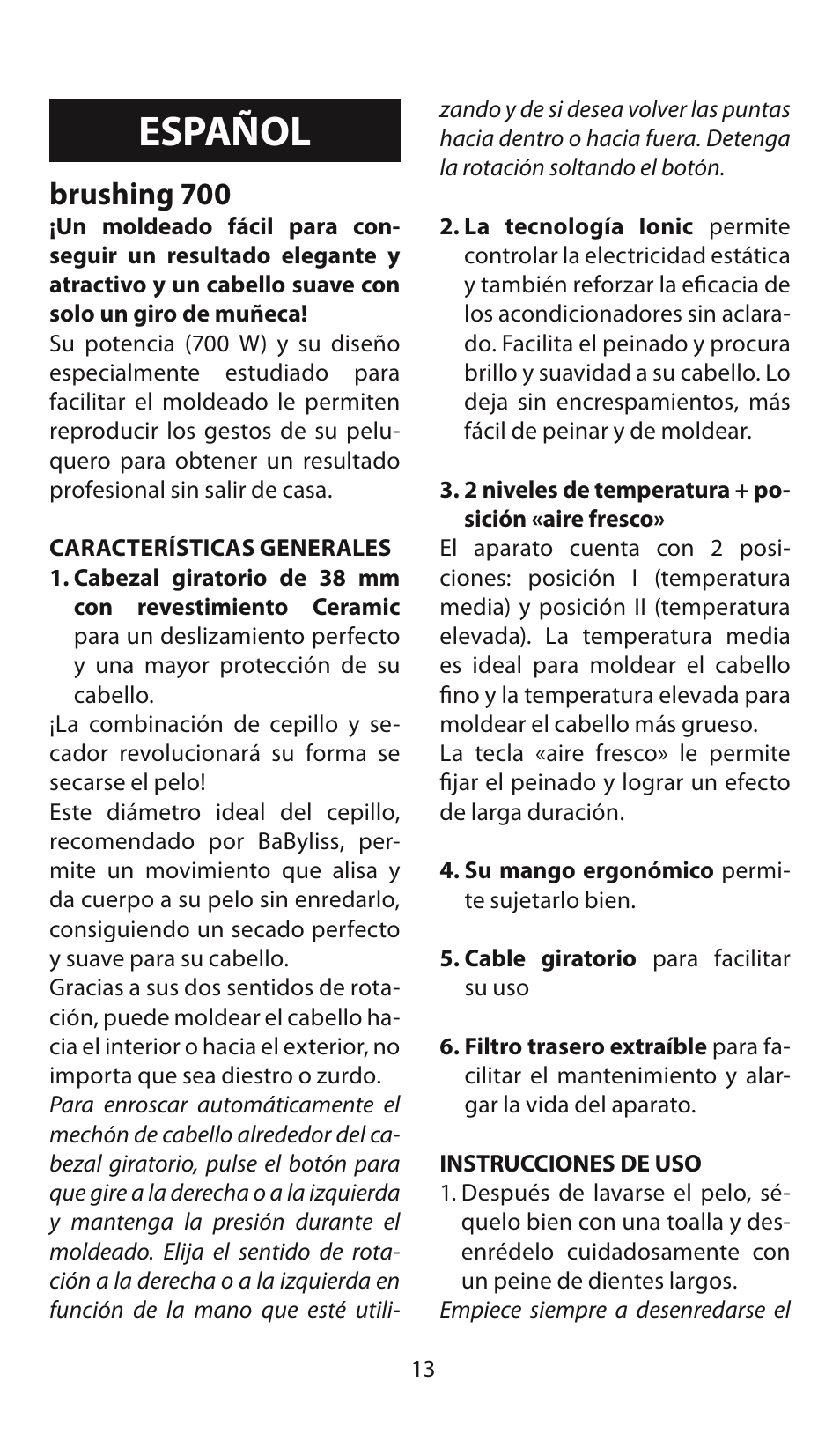 Español, Brushing 700 | Babyliss AS130E Brushing 700 User Manual | Page 13 / 36