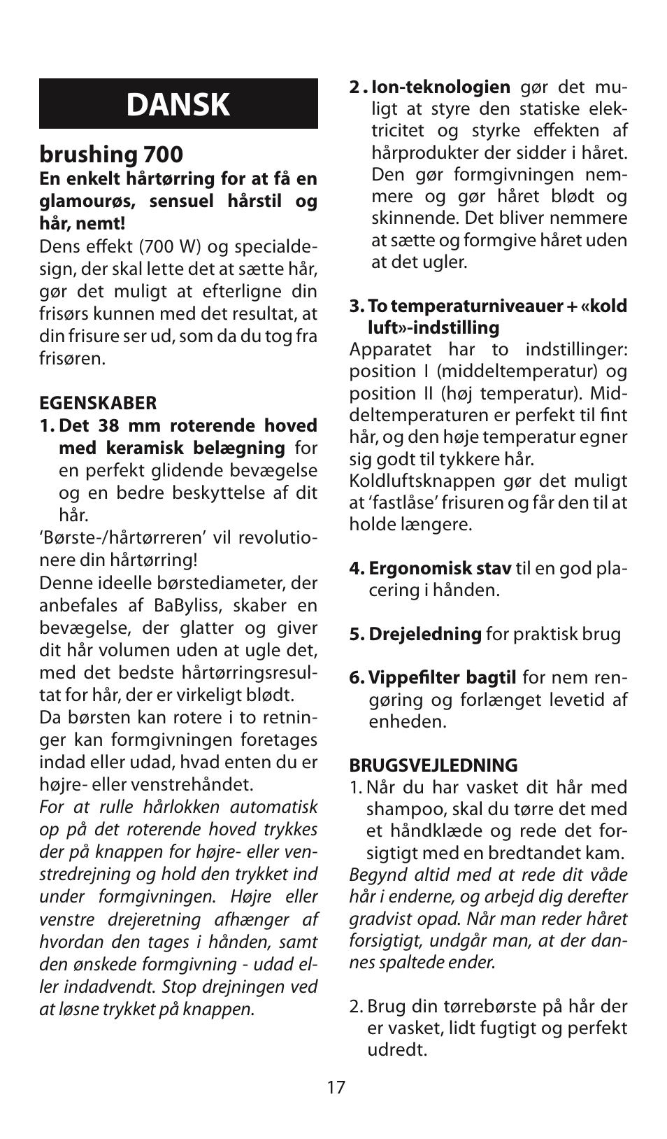 Dansk, Brushing 700 | Babyliss AS130E Brushing 700 User Manual | Page 17 / 36