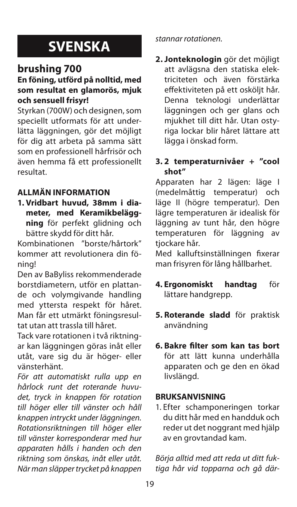 Svenska, Brushing 700 | Babyliss AS130E Brushing 700 User Manual | Page 19 / 36