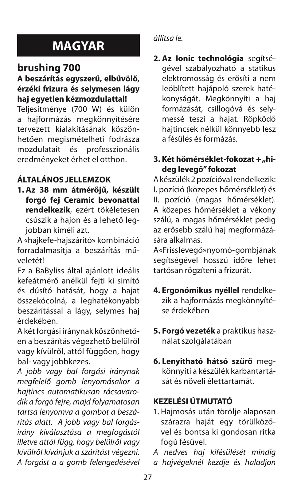 Magyar, Brushing 700 | Babyliss AS130E Brushing 700 User Manual | Page 27 / 36