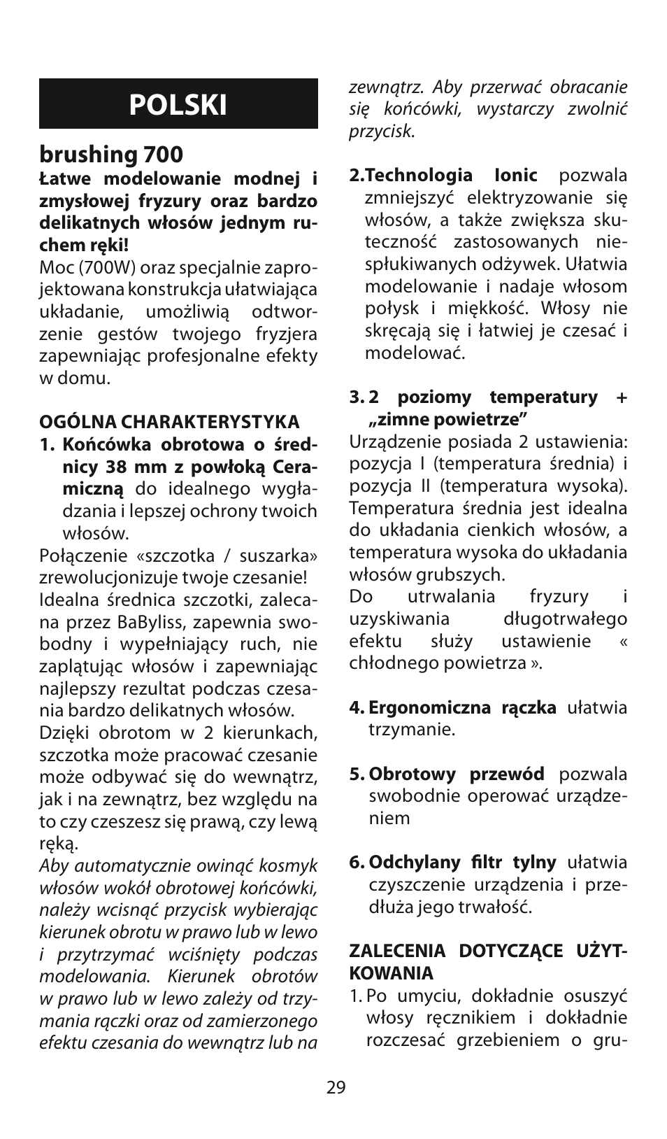 Polski, Brushing 700 | Babyliss AS130E Brushing 700 User Manual | Page 29 / 36