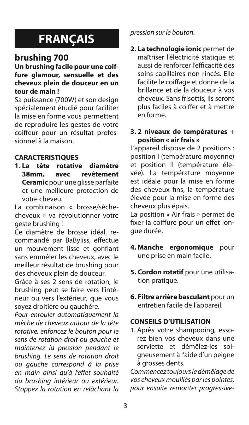 Français brushing blow - drying, Brushing 700 | Babyliss AS130E Brushing 700 User Manual | Page 3 / 36