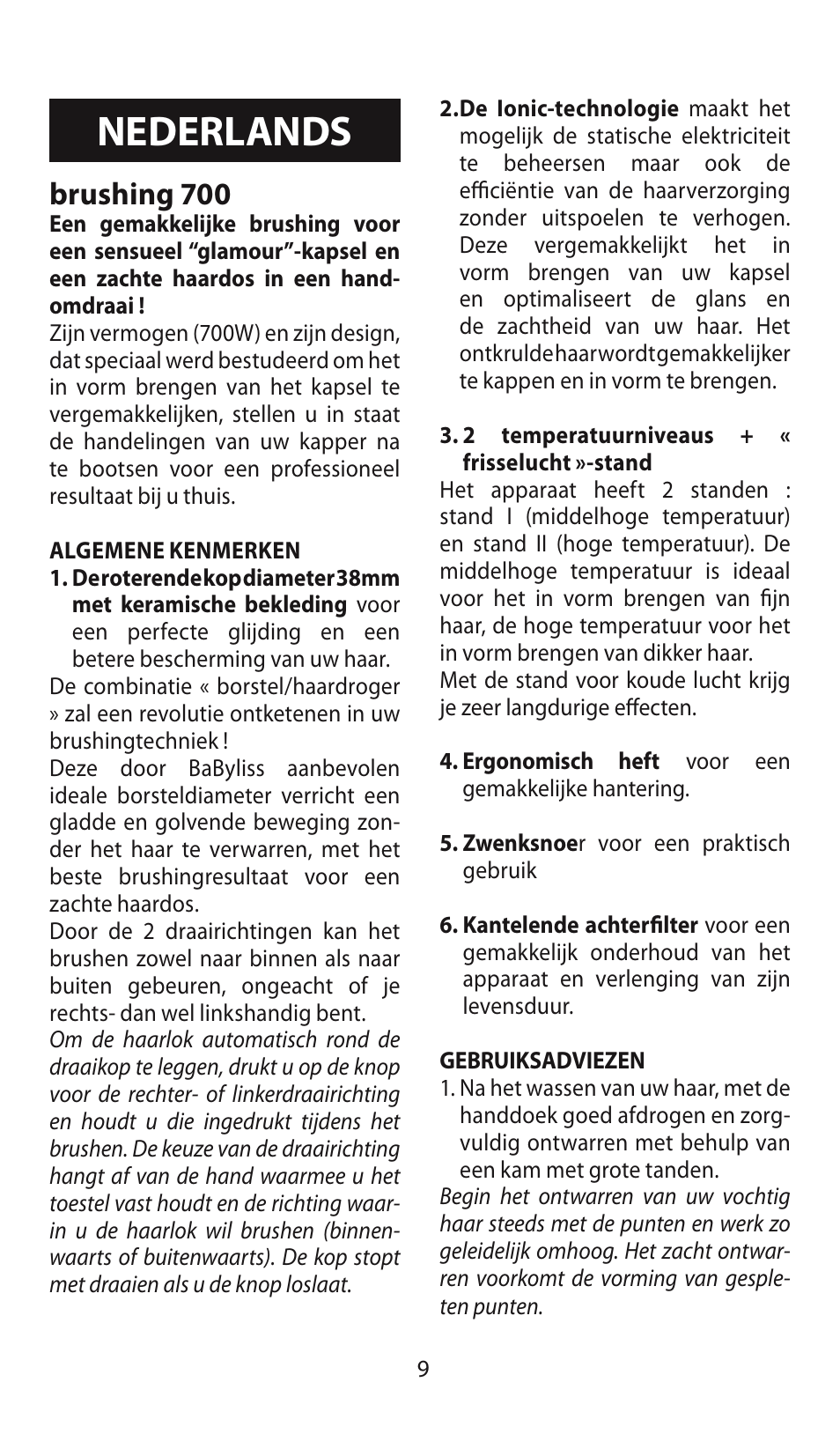 Nederlands, Brushing 700 | Babyliss AS130E Brushing 700 User Manual | Page 9 / 36