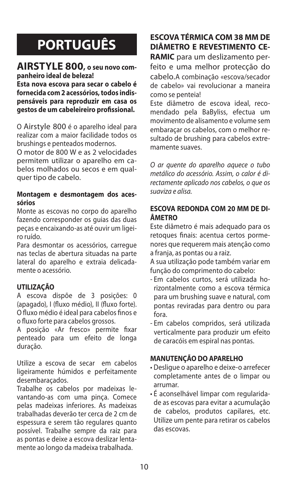Português, Airstyle 800 | Babyliss AS80E Airstyle 800 User Manual | Page 10 / 24