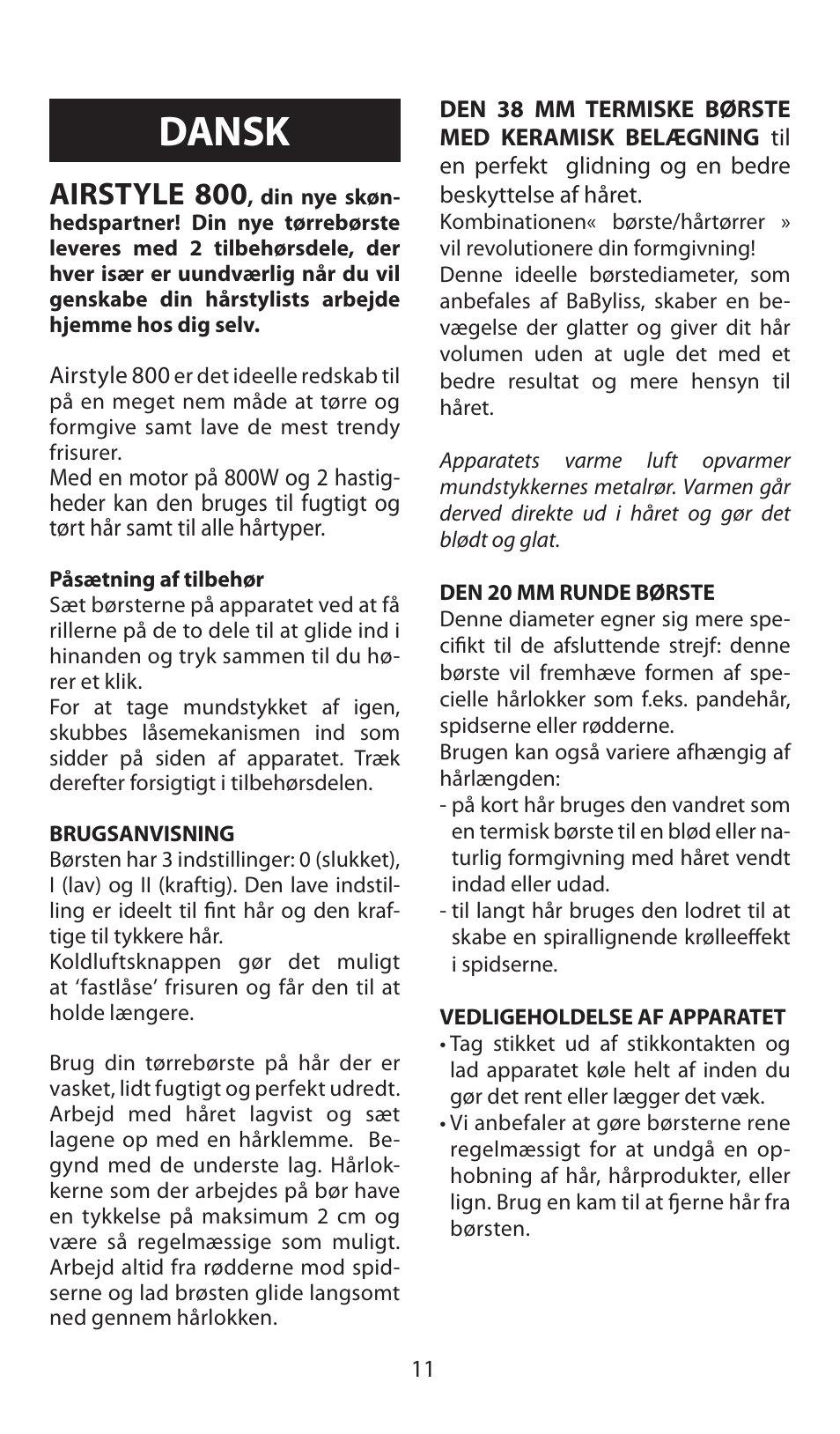 Dansk, Airstyle 800 | Babyliss AS80E Airstyle 800 User Manual | Page 11 / 24