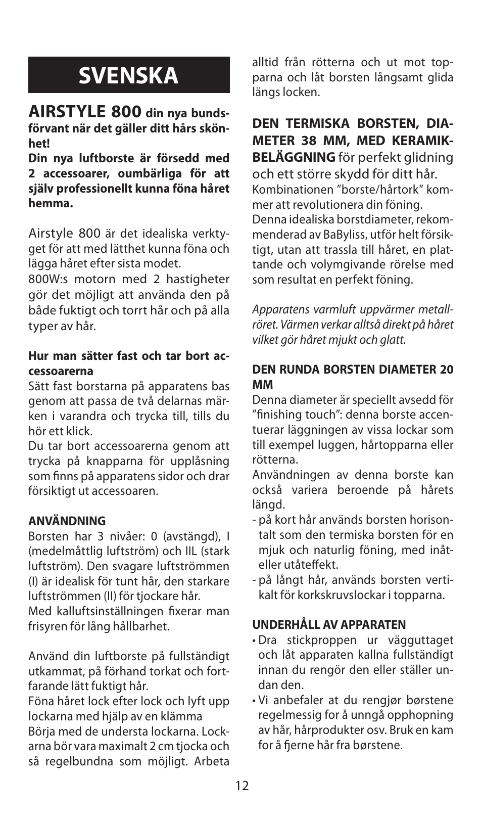 Svenska, Airstyle 800 | Babyliss AS80E Airstyle 800 User Manual | Page 12 / 24