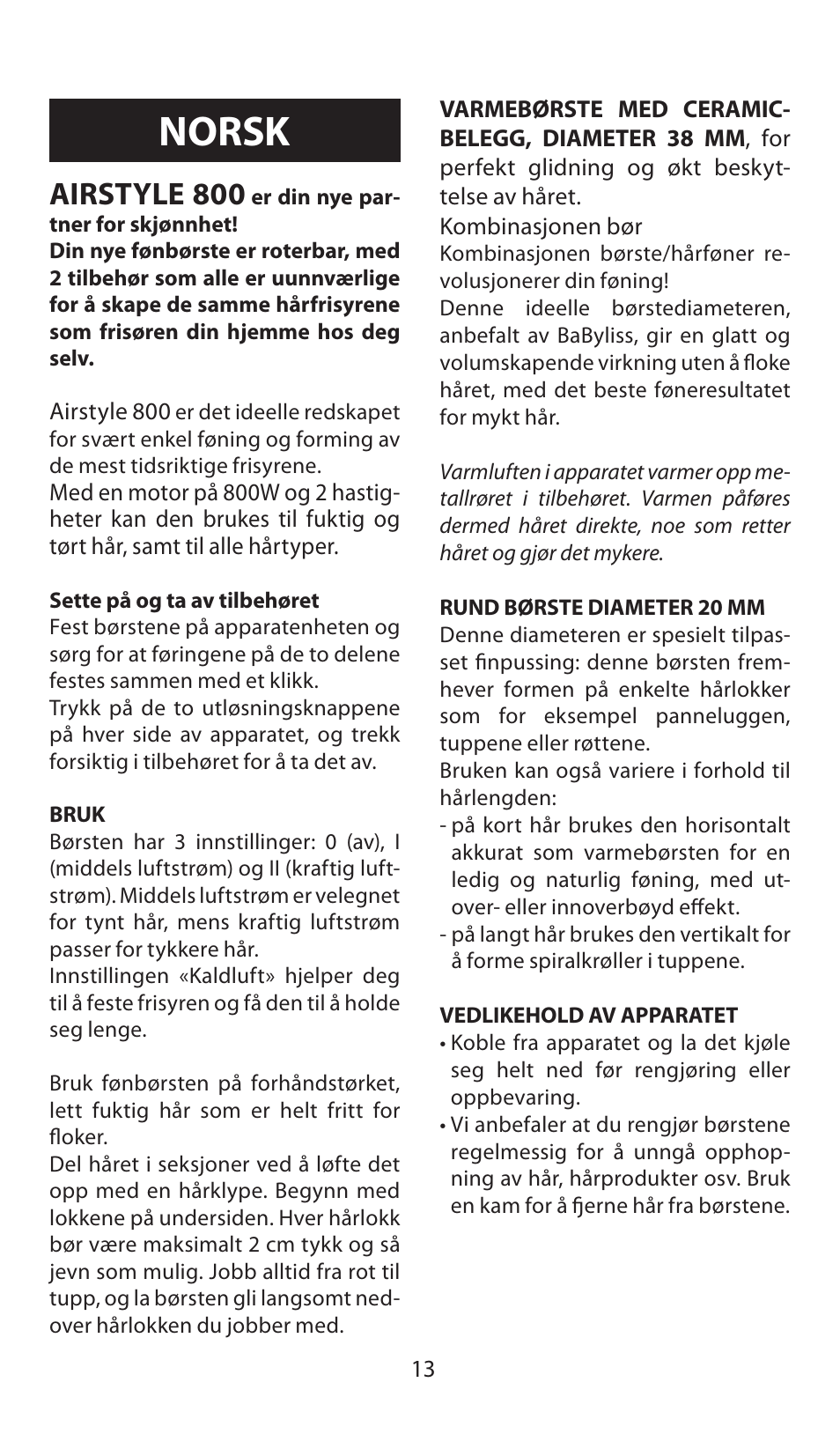 Norsk, Airstyle 800 | Babyliss AS80E Airstyle 800 User Manual | Page 13 / 24