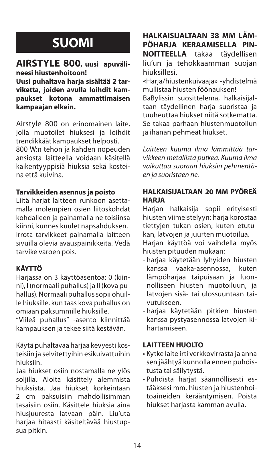 Suomi, Airstyle 800 | Babyliss AS80E Airstyle 800 User Manual | Page 14 / 24