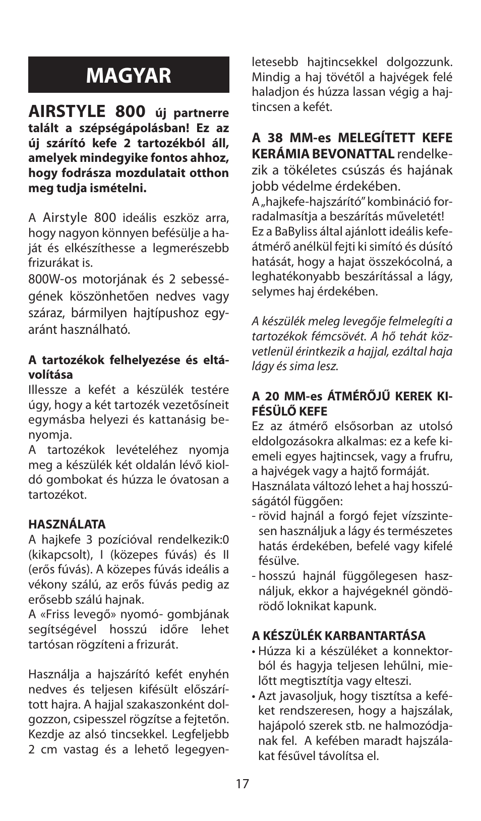 Magyar, Airstyle 800 | Babyliss AS80E Airstyle 800 User Manual | Page 17 / 24