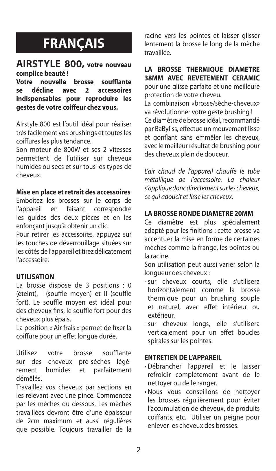 Français, Airstyle 800 | Babyliss AS80E Airstyle 800 User Manual | Page 2 / 24