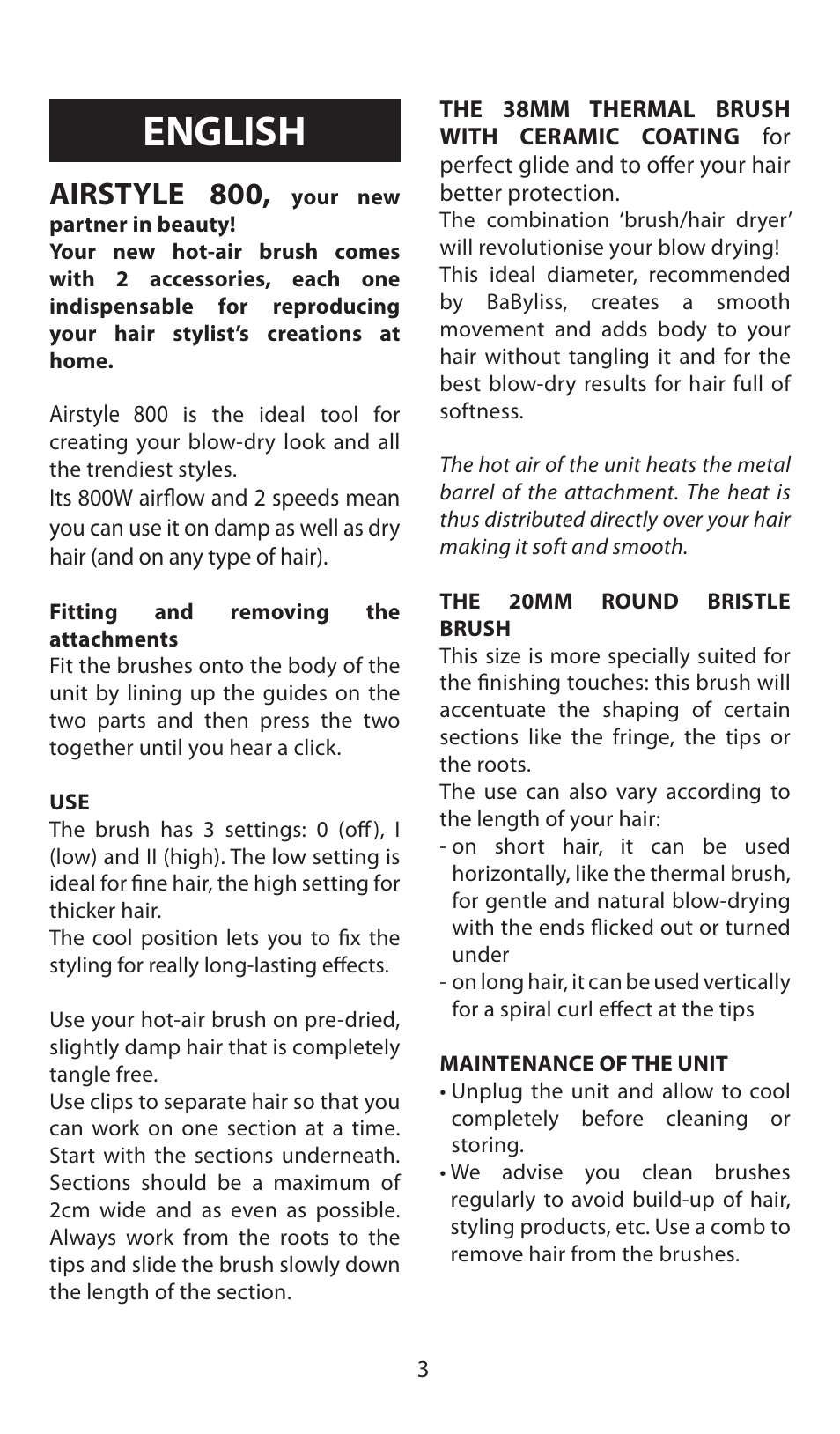 English, Airstyle 800 | Babyliss AS80E Airstyle 800 User Manual | Page 3 / 24