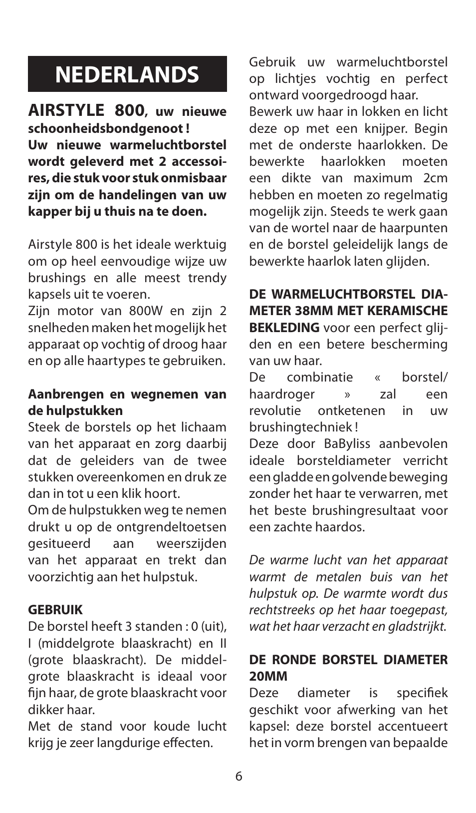 Nederlands, Airstyle 800 | Babyliss AS80E Airstyle 800 User Manual | Page 6 / 24