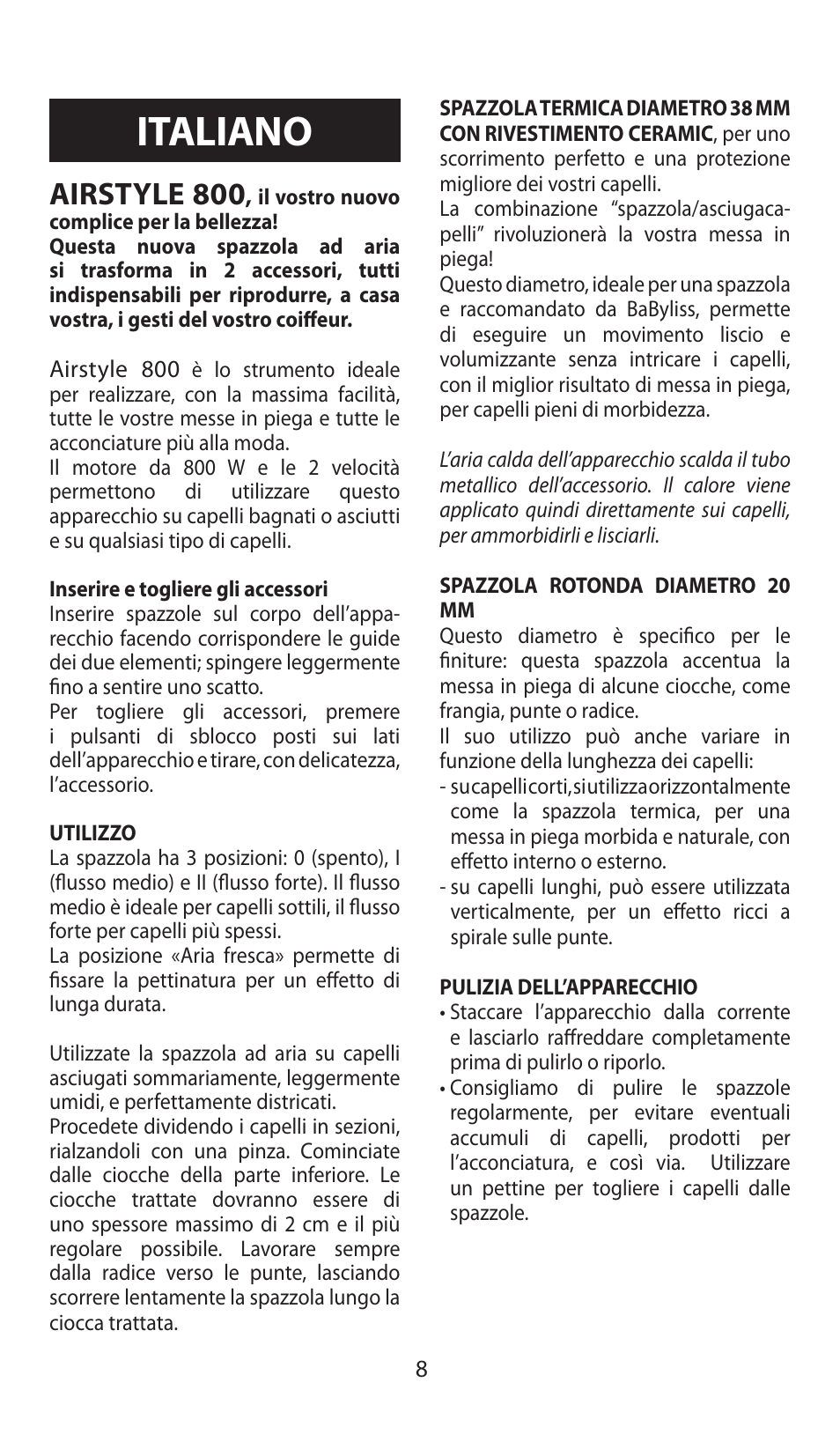 Italiano, Airstyle 800 | Babyliss AS80E Airstyle 800 User Manual | Page 8 / 24