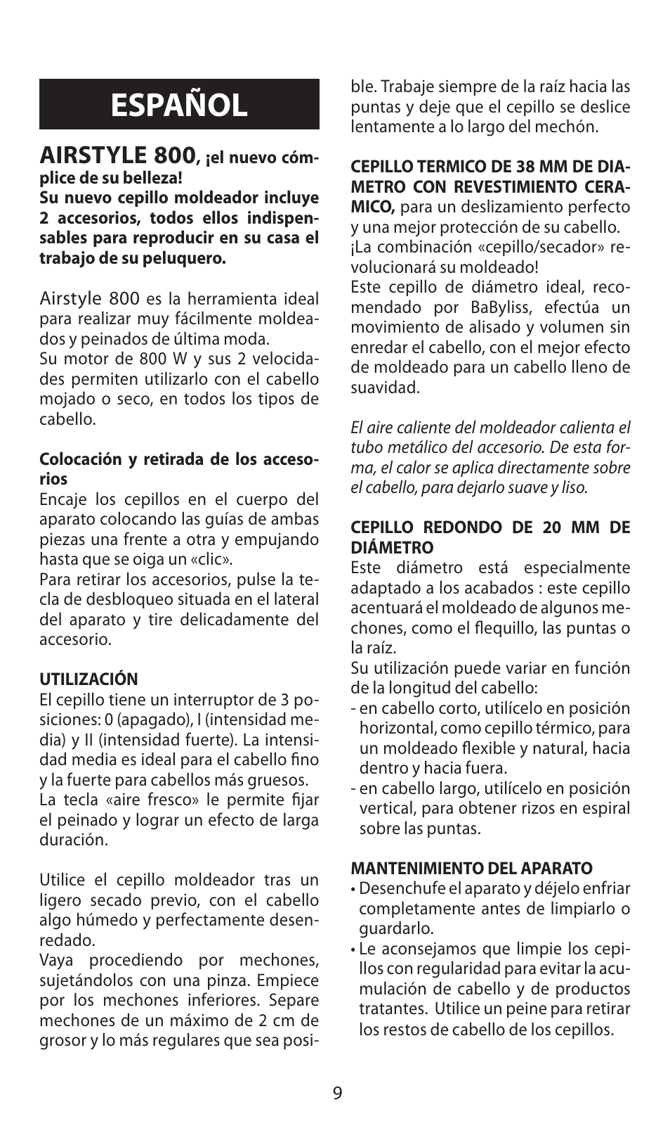Español, Airstyle 800 | Babyliss AS80E Airstyle 800 User Manual | Page 9 / 24