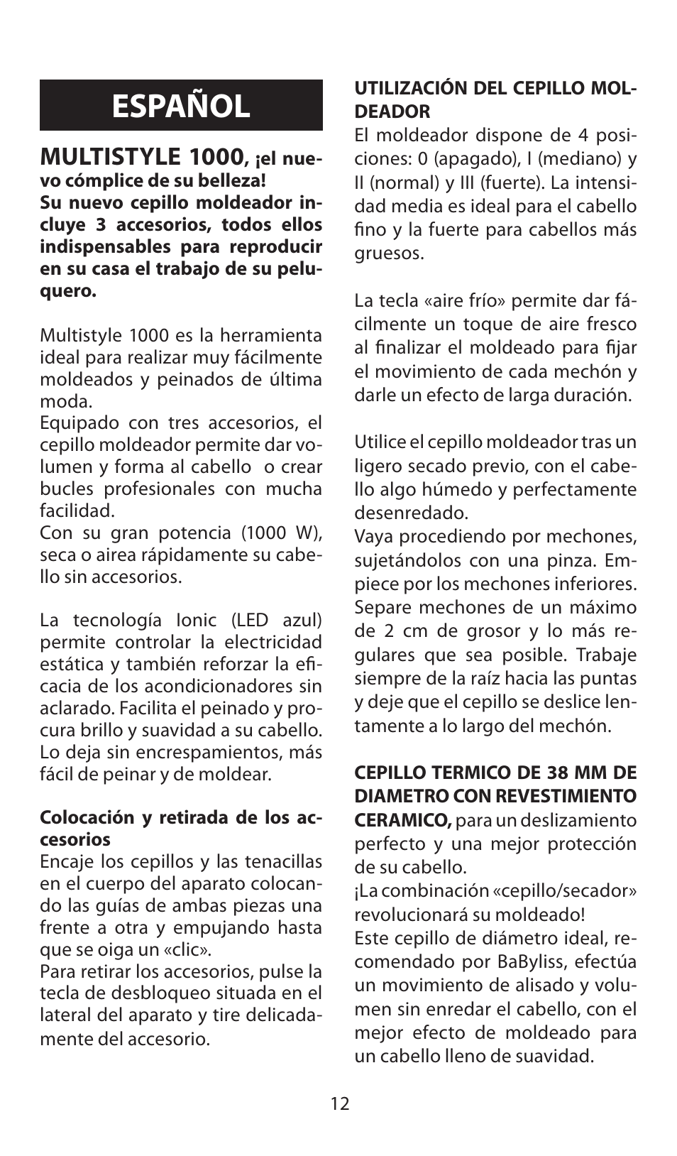 Español, Multistyle 1000 | Babyliss AS100E Multistyle 1000 User Manual | Page 12 / 36