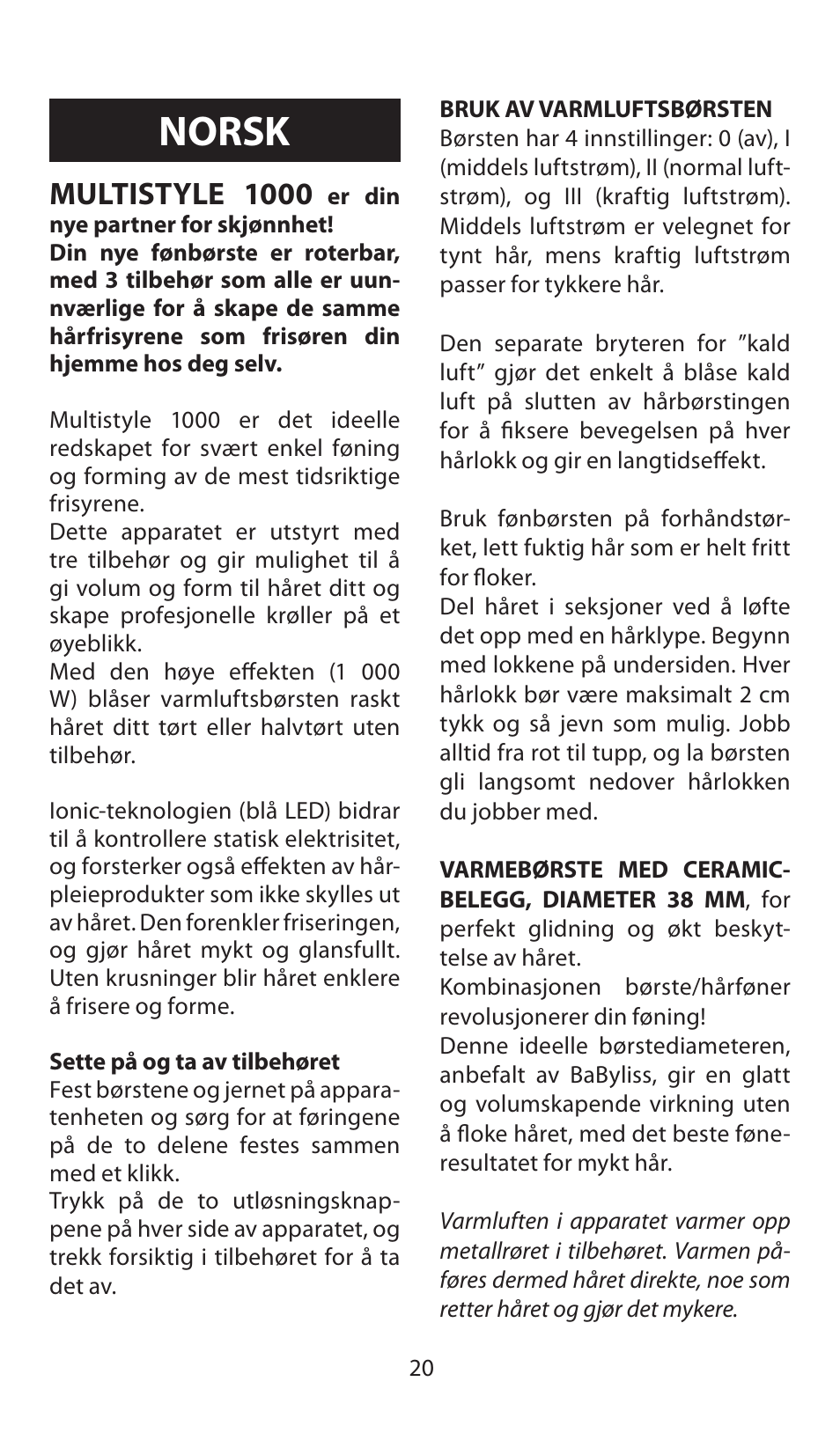 Norsk, Multistyle 1000 | Babyliss AS100E Multistyle 1000 User Manual | Page 20 / 36