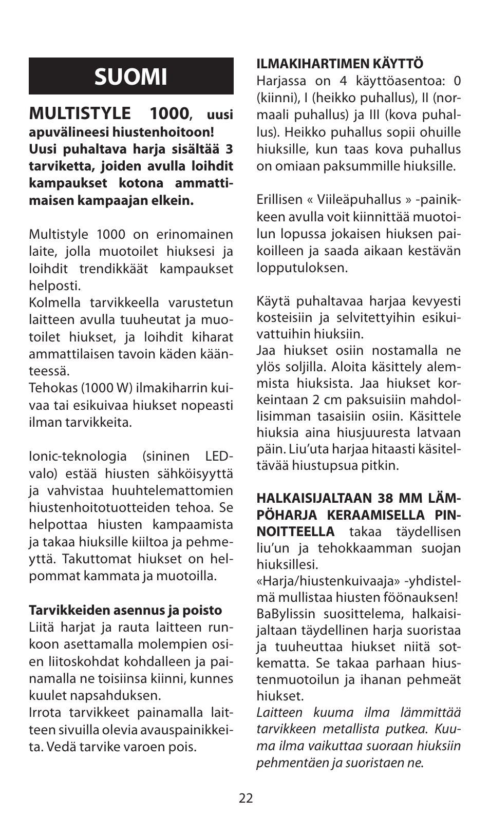 Suomi, Multistyle 1000 | Babyliss AS100E Multistyle 1000 User Manual | Page 22 / 36