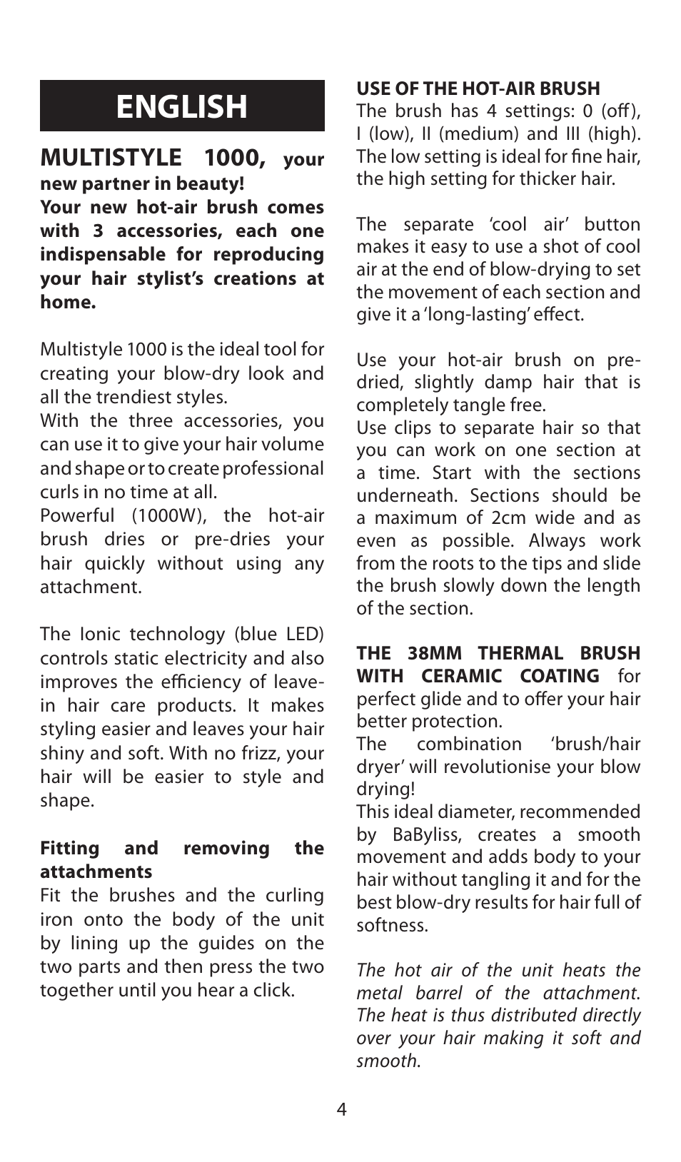 English, Multistyle 1000 | Babyliss AS100E Multistyle 1000 User Manual | Page 4 / 36