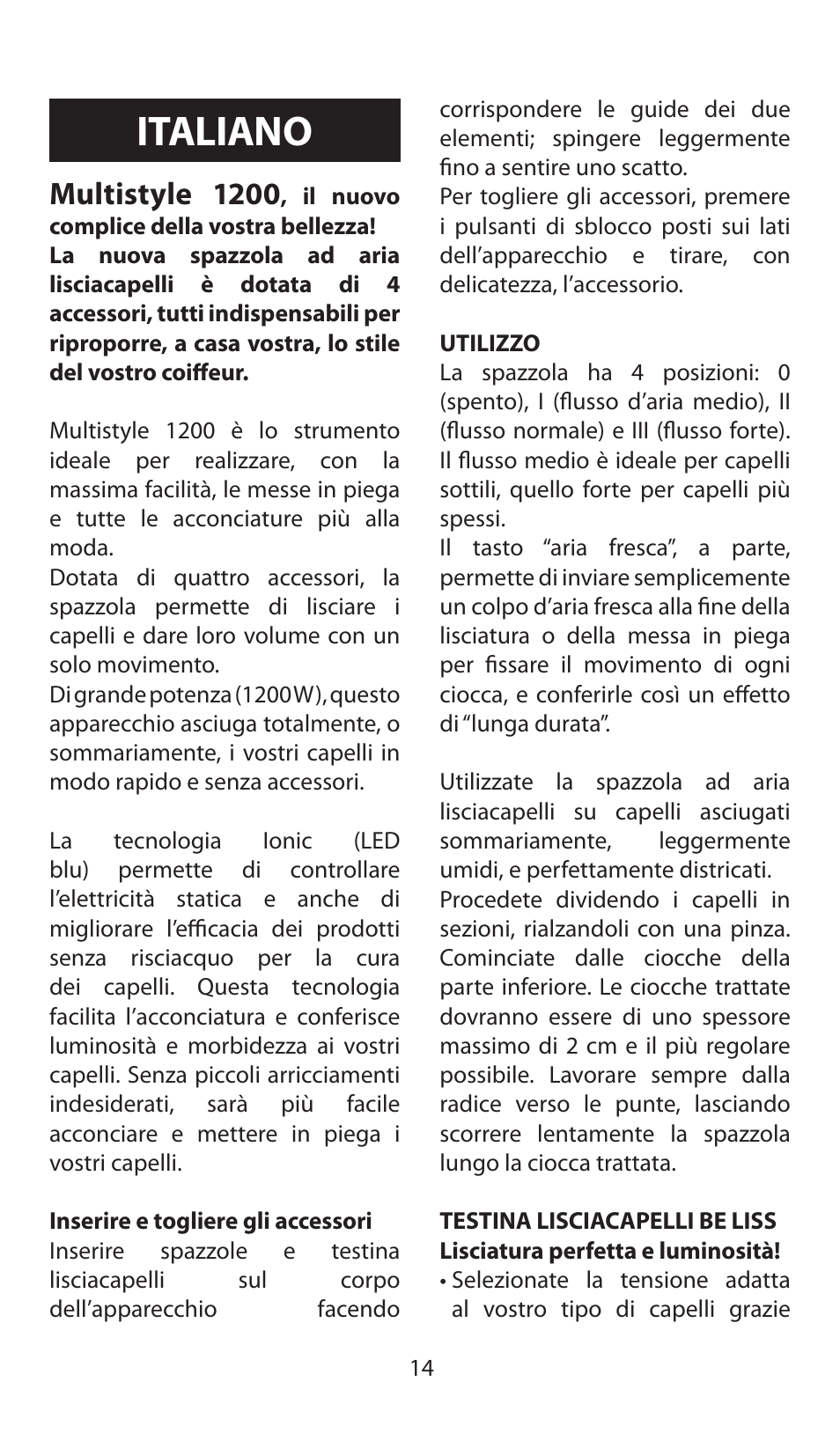 Italiano, Multistyle 1200 | Babyliss AS120E Multistyle 1200 User Manual | Page 14 / 52