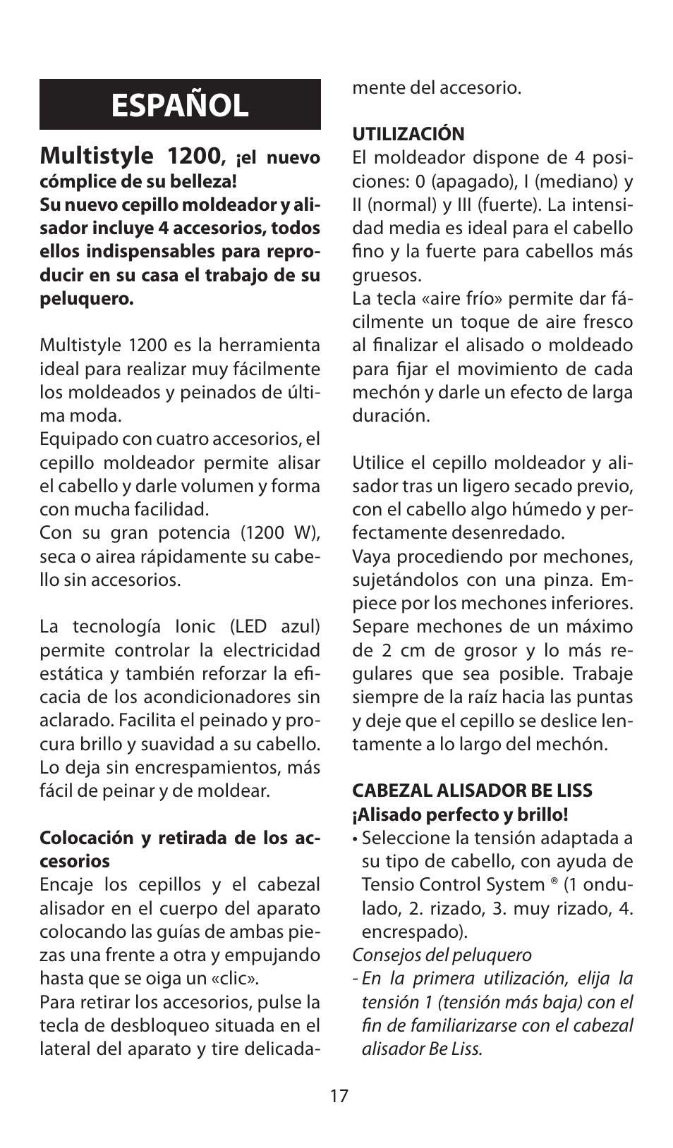 Español, Multistyle 1200 | Babyliss AS120E Multistyle 1200 User Manual | Page 17 / 52