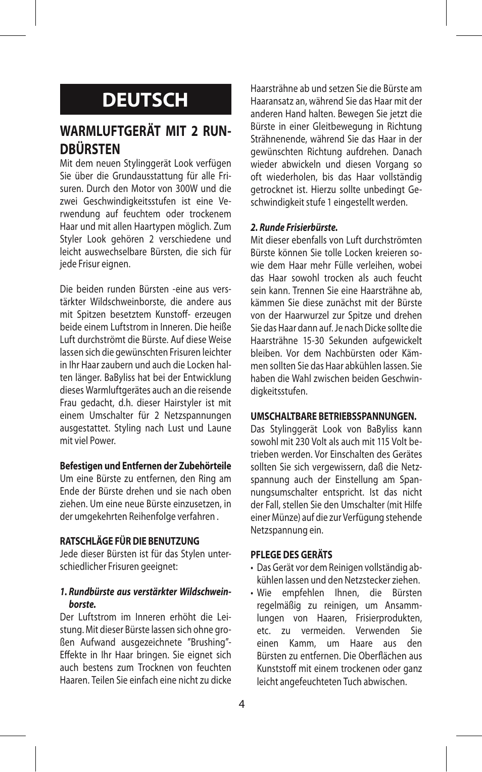 Deutsch, Warmluftgerät mit 2 run- dbürsten | Babyliss 667E Airstyle 300 User Manual | Page 4 / 20