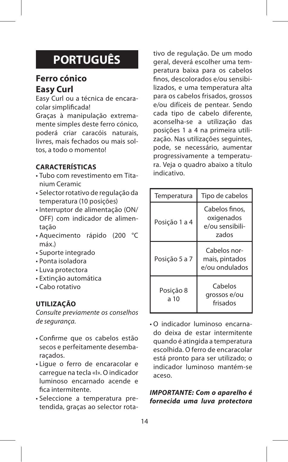 Português, Ferro cónico easy curl | Babyliss C20E Easy Curl User Manual | Page 14 / 35