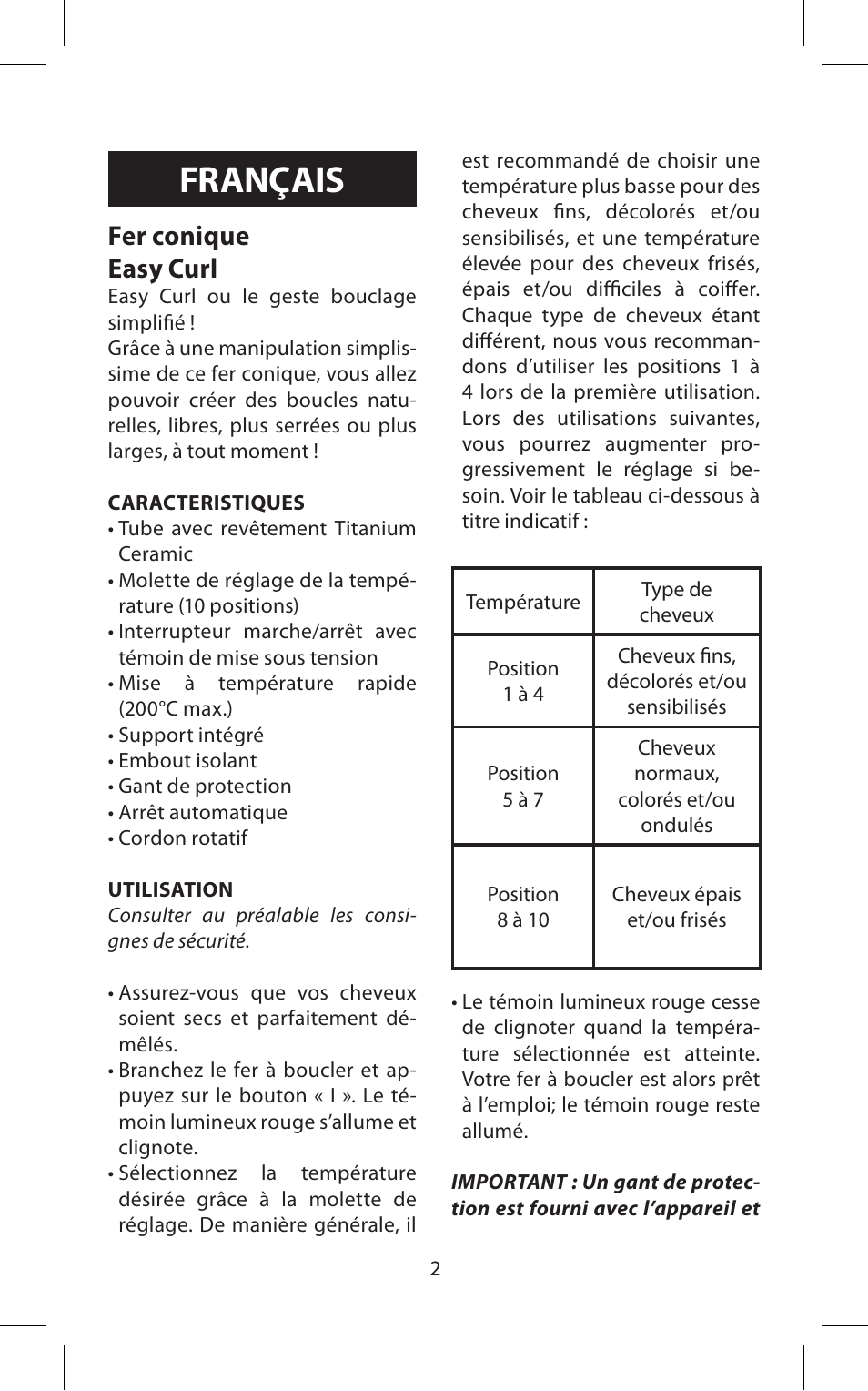 Français, Fer conique easy curl | Babyliss C20E Easy Curl User Manual | Page 2 / 35