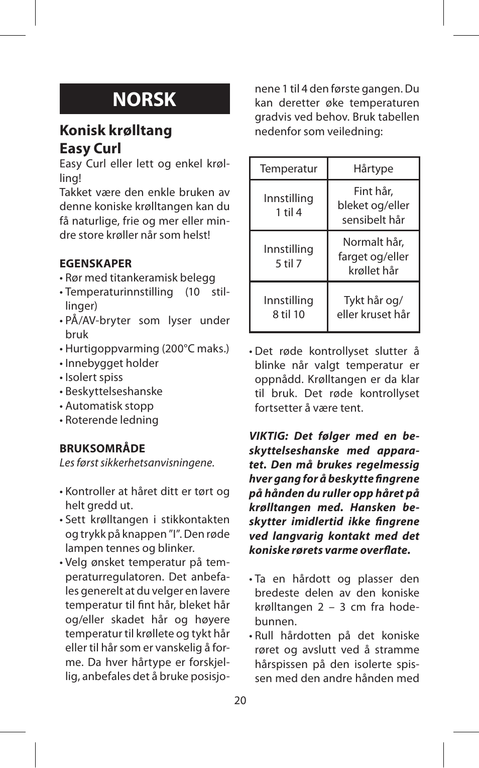 Norsk, Konisk krølltang easy curl | Babyliss C20E Easy Curl User Manual | Page 20 / 35