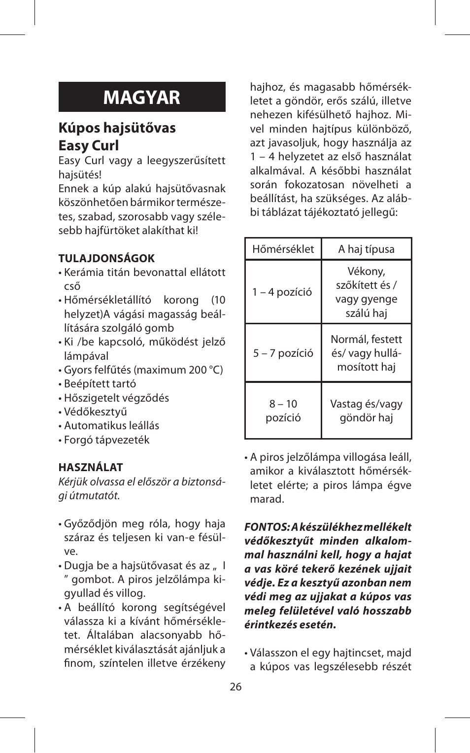 Magyar, Kúpos hajsütővas easy curl | Babyliss C20E Easy Curl User Manual | Page 26 / 35
