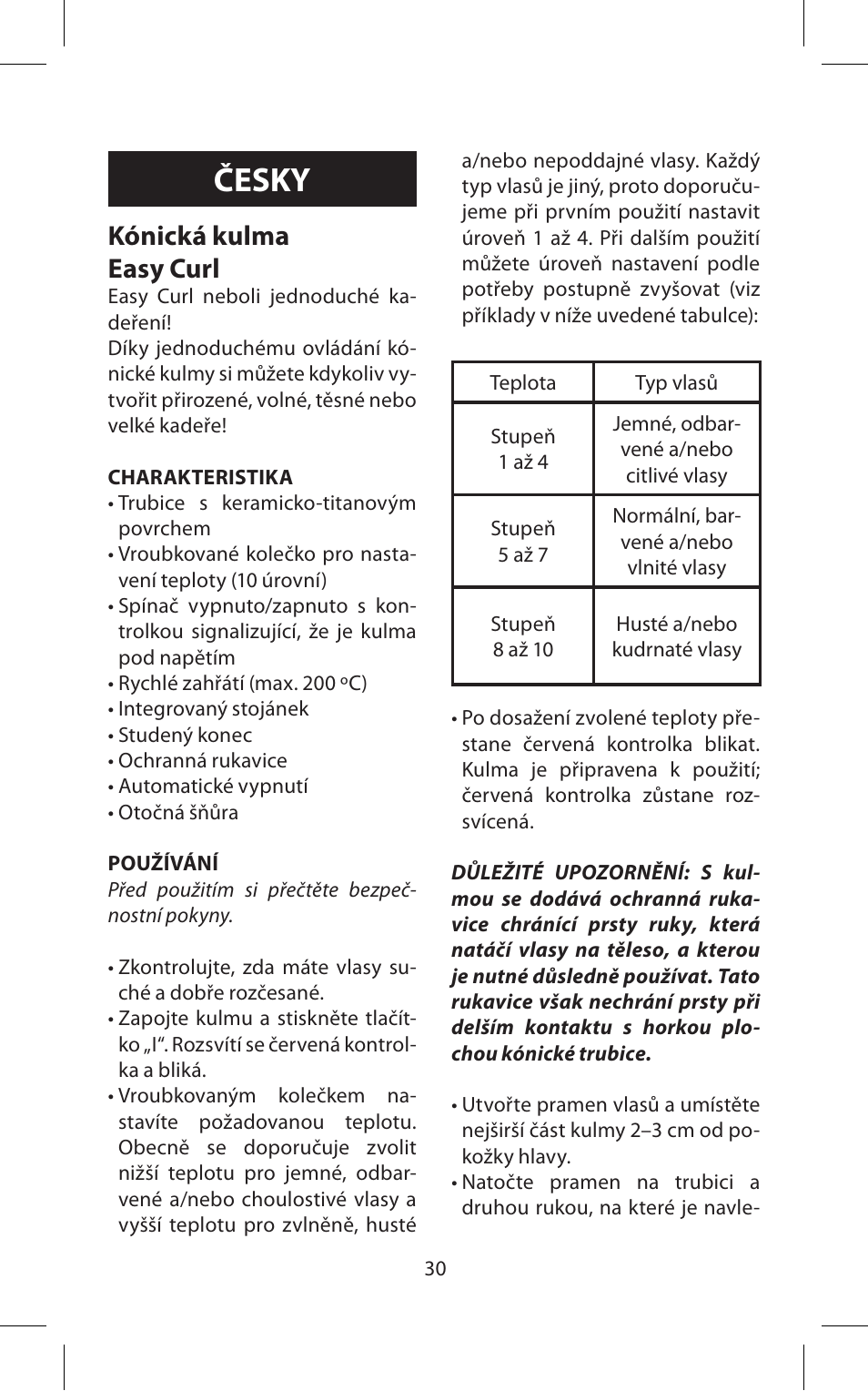 Česky, Kónická kulma easy curl | Babyliss C20E Easy Curl User Manual | Page 30 / 35