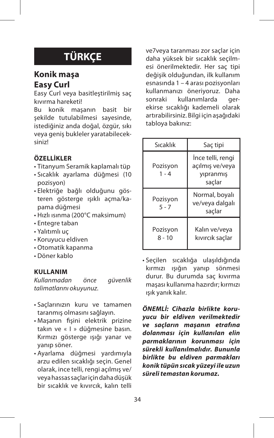 Türkçe, Konik maşa easy curl | Babyliss C20E Easy Curl User Manual | Page 34 / 35