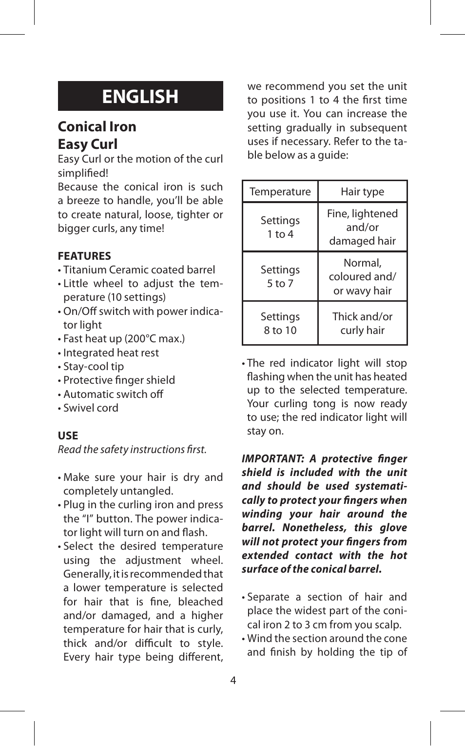 English, Conical iron easy curl | Babyliss C20E Easy Curl User Manual | Page 4 / 35