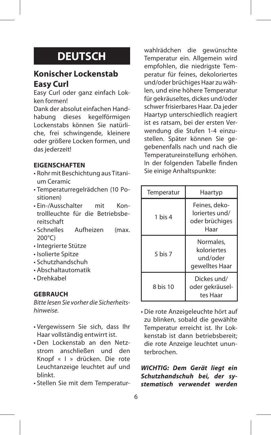 Deutsch, Konischer lockenstab easy curl | Babyliss C20E Easy Curl User Manual | Page 6 / 35