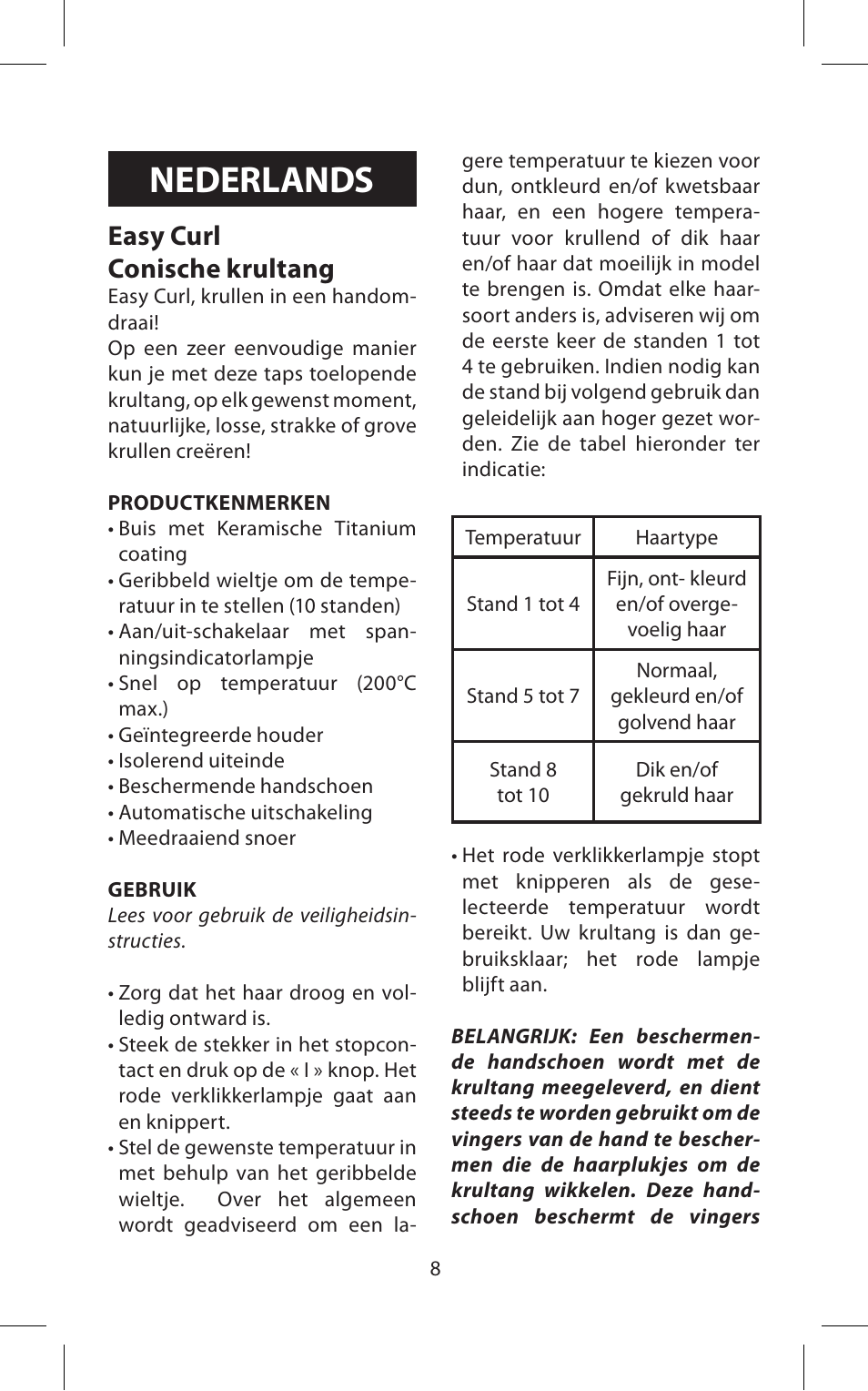 Nederlands, Easy curl conische krultang | Babyliss C20E Easy Curl User Manual | Page 8 / 35