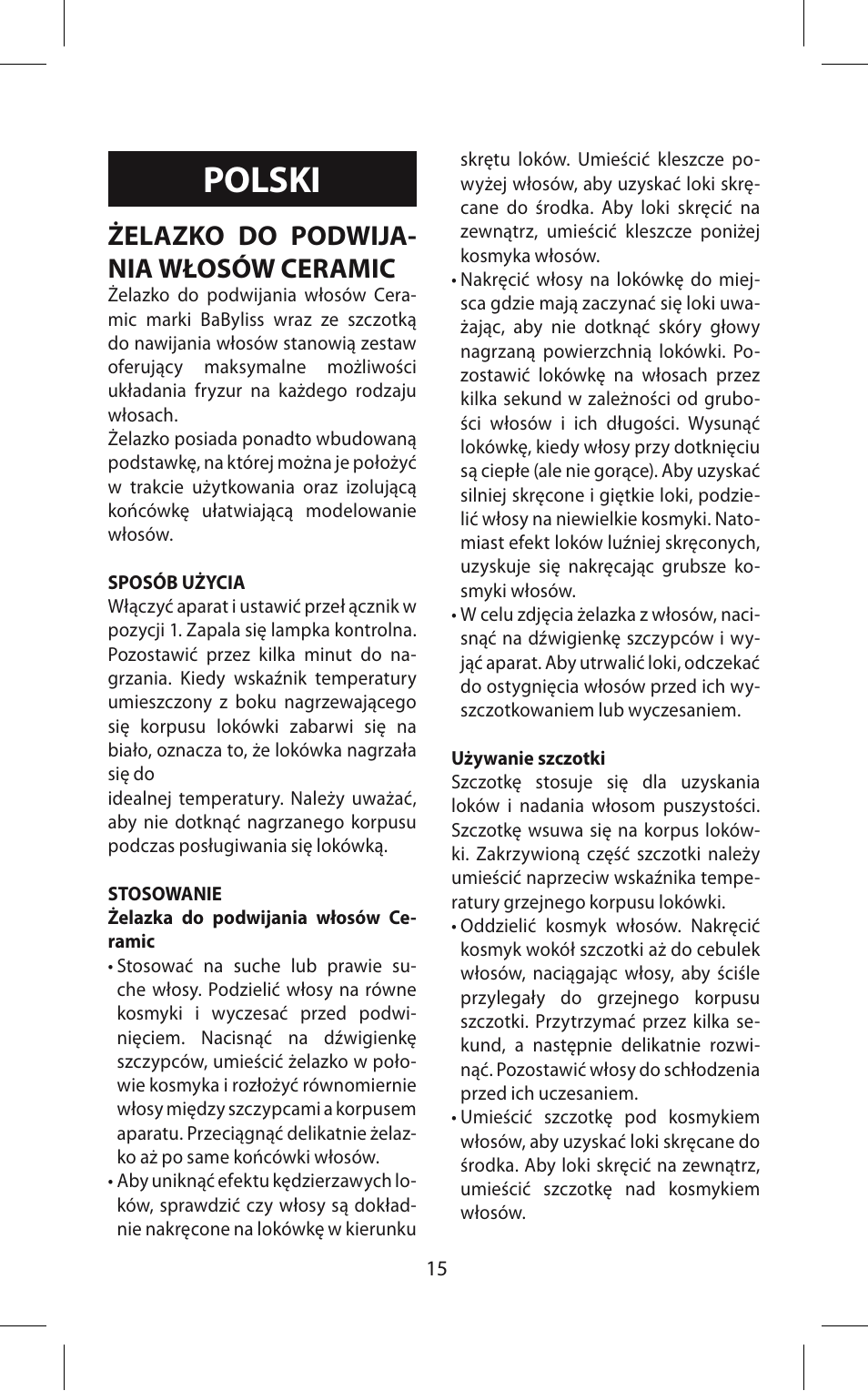 Polski, Żelazko do podwija- nia włosów ceramic | Babyliss 271CE Pro ceramic User Manual | Page 15 / 21