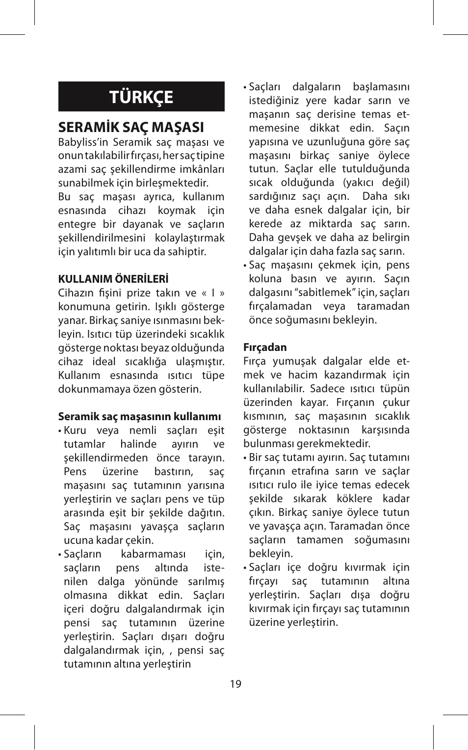 Türkçe, Seramik saç maşasi | Babyliss 271CE Pro ceramic User Manual | Page 19 / 21