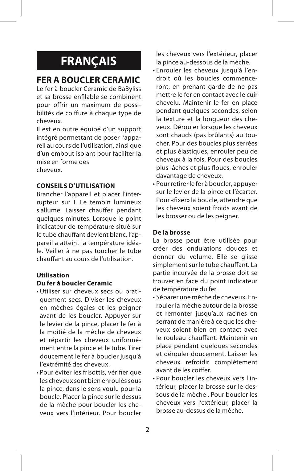 Français, Fer a boucler ceramic | Babyliss 271CE Pro ceramic User Manual | Page 2 / 21