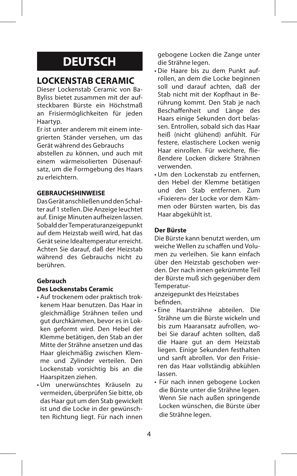 Deutsch, Lockenstab ceramic | Babyliss 271CE Pro ceramic User Manual | Page 4 / 21